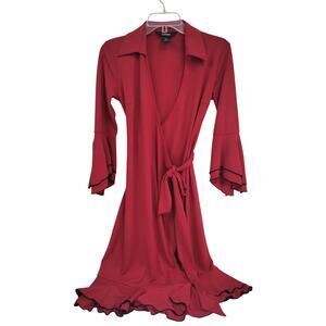 Express 3/4 Red Long Sleeve Wrap Dress Flutter Sleeves